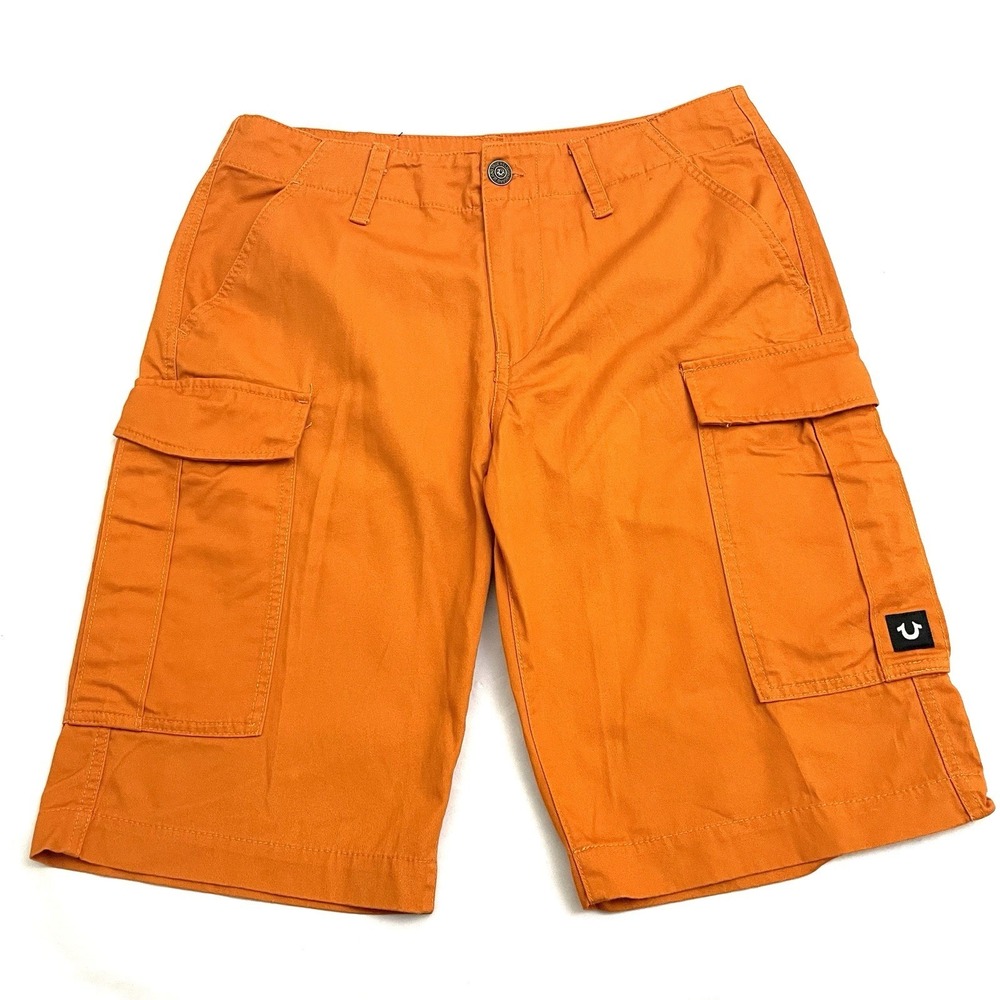 True Religion Cargo Shorts Men's 31 Orange 12" Inseam Pockets World Tour